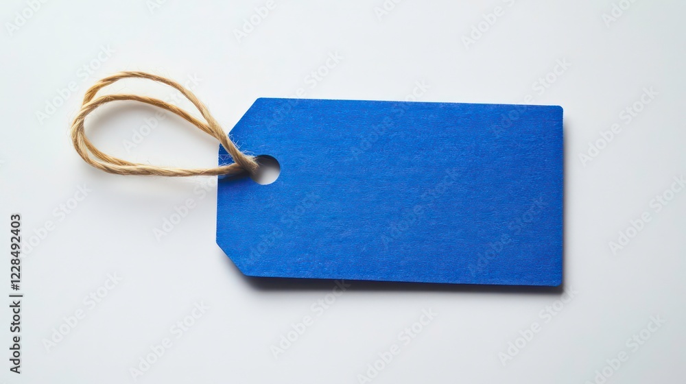 Poster vibrant blue tag with a matching string against a white background, suggesting simplicity and organi