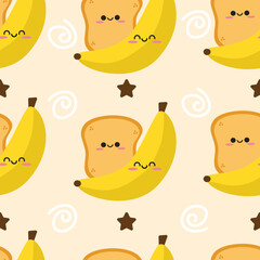 Hand drawn cute bread with banana seamless pattern. Suitable for use for wallpaper, backdrop, wrapping paper, fabrics, textile, packaging, etc