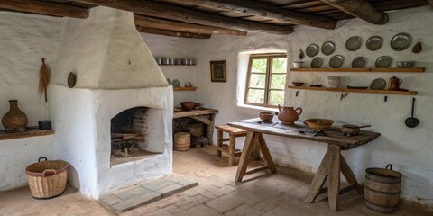 Cozy rustic kitchen featuring a traditional fireplace and wooden furniture in a historical setting