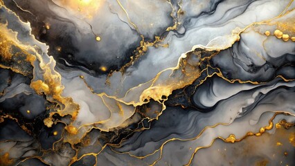 Fototapeta premium Abstract Swirling Gray and Gold Ink Design with Glittering Accents and Elegant Marble Texture