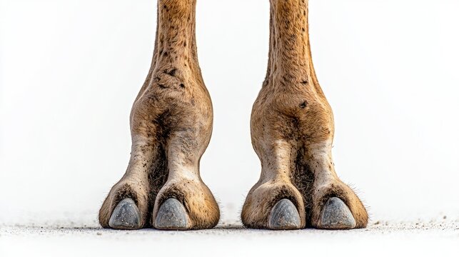 Camel feet standing on sand against white background, close-up view