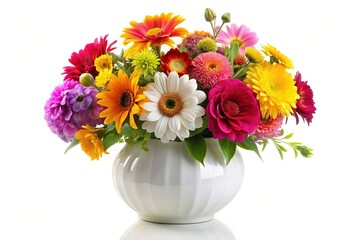 Obraz premium Elegant White Vase with Blooming Flowers Isolated on White Background - Stock Photo