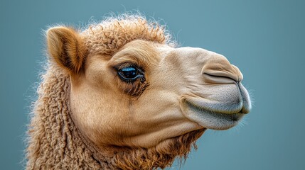 Obraz premium Camel head close-up, fuzzy coat, blue backdrop, looking forward, zoo animal portrait