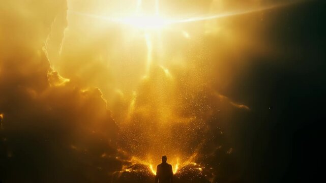 In a dark void, warm golden light illuminates cascading particles during a timeless moment, creating a luxurious atmosphere. 