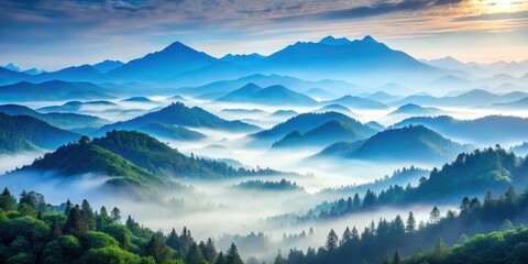 Obraz premium Serene Morning Mist Enveloping Rolling Hills and Majestic Mountains in a Breathtaking Panorama