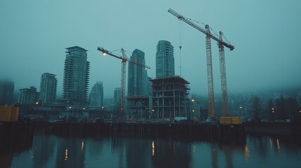 Naklejka premium Misty city skyline with construction cranes. Illustrates urban development and modernization.