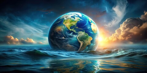 A Vibrant Terrestrial Orb Rising from a Dramatic Ocean, Bathed in the Warm Glow of a Celestial Sunrise, a Surreal and Breathtaking Vista