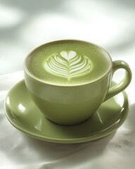 Cup of Matcha Latte with Intricate Latte Art on a White Saucer Against a Bright White Background