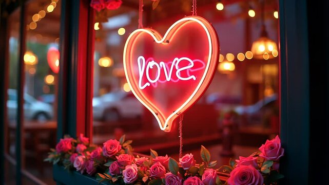 Neon heart sign gradually lights up above a row of blooming roses in a storefront display