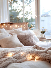 Cozy Bed with Fluffy Pillows, Knit Blanket, and Warm Fairy Lights