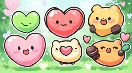 Cute and Colorful Cartoon Hearts and Bears in Kawaii Style for Kids