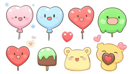 Fototapeta premium Cute Kawaii Balloons and Treats with Smiling Faces and Colorful Hearts Design