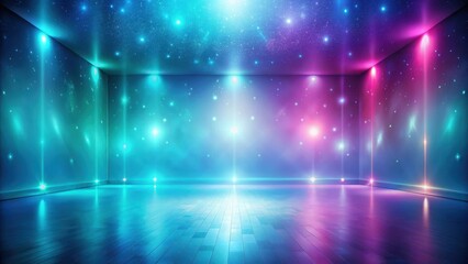 Fototapeta premium Enchanted Room Neon Lights Reflect on Polished Floor, Celestial Glow on Walls