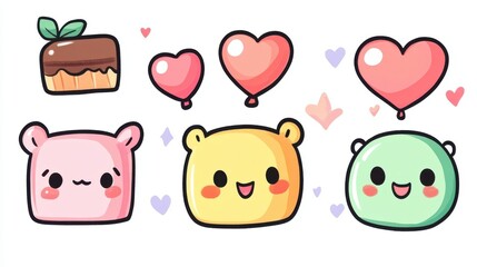 Cute Cartoon Characters with Balloons and Sweets on White Background