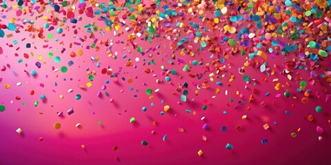 Colorful falling confetti pieces scatter on a bright pink background with subtle texture, party, decorative,  party