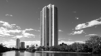 Fototapeta premium Black-and-white shot of a high-rise building, bold contrasts of light and shadow creating a sleek, minimal composition
