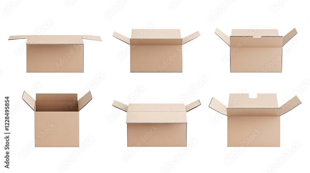 Poster empty cardboard boxes on transparent background generative ai