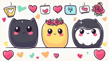 Cute Cartoon Characters with Hearts and Flowers in a Playful Design