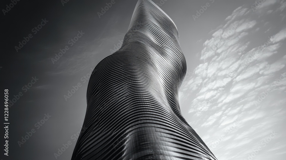 Poster minimal monochrome photo of a futuristic skyscraper, light and shadow interplay emphasizing its bold