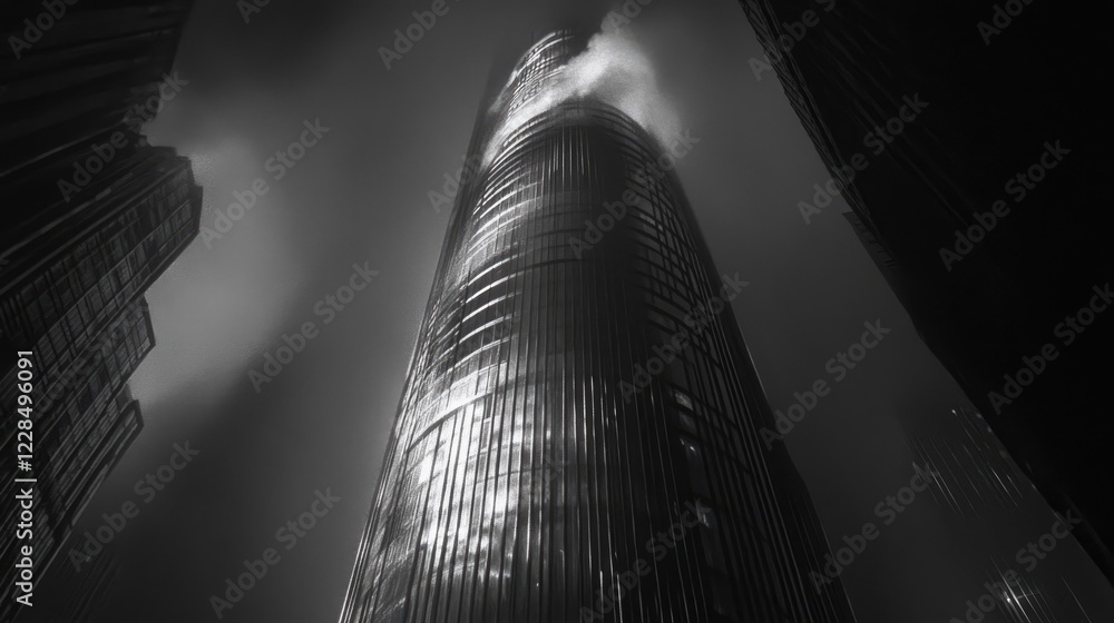 Poster minimal monochrome photo of a futuristic skyscraper, light and shadow interplay emphasizing its bold