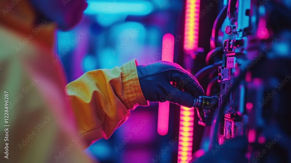 Aufkleber workers at machinery monitoring temperature with precision tools