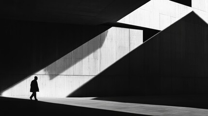 Minimal monochrome shot of a towering modern skyscraper, sleek lines and bold shadows dominating the frame