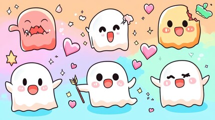 Playful and Cute Cartoon Ghosts in Various Expressions and Emotions