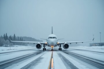 Airplane on Snowy Runway Winter Weather Conditions