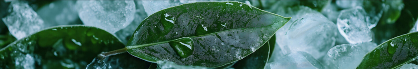 Juicy green leaves with ice texture contrast