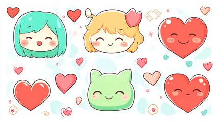 Colorful Cute Cartoon Characters with Heart Elements for Fun Designs
