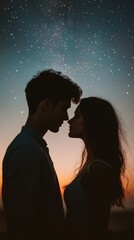 Stargazing love couple silhouetted against a starry sky at sunset