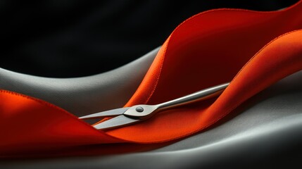 Silver Scissors Cutting Red Ribbon on White Background