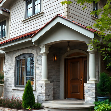 Luxury Home Exterior: Modern Stone Facade, Grand Entrance, and Landscaped Pathway