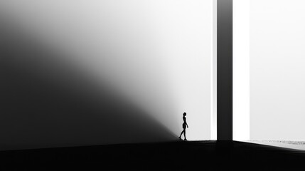 A minimalistic black-and-white view of a skyscraper, bold lighting and shadows creating a sense of depth and scale