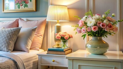 Cozy Bedroom with Elegant Bedside Table Decor, Soft Lighting, and Fresh Flowers for Relaxation and Comfort, High Depth of Field, Perfect for Home Decor Inspiration and Interior Design Ideas