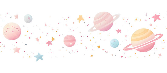 A cartoon illustration with many cute small planets and adorable stars in pink tones set against a white background