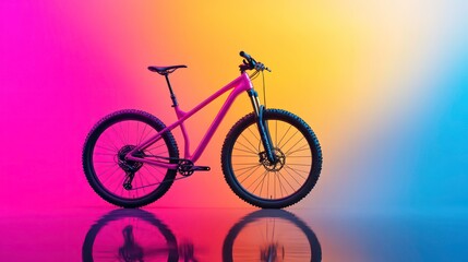 Fototapeta premium vibrant pink mountain bike stands against colorful gradient background, reflecting beautifully on surface