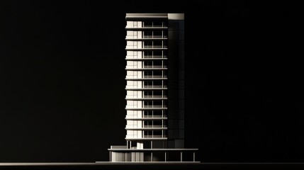 A sleek high-rise skyscraper in black and white, bold lighting and shadows creating a dramatic, minimalistic aesthetic