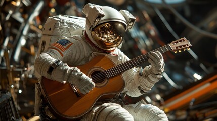 Astronaut playing guitar in space cosmic jam session sci-fi imagery zero gravity