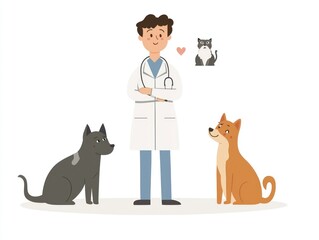 Veterinarian - Veterinarian examining animals or providing care, in a clinic or animal hospital, on a White Background.
