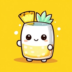 Cute Cartoon Character Holding a Cheerful Pineapple Drink with Yellow Background