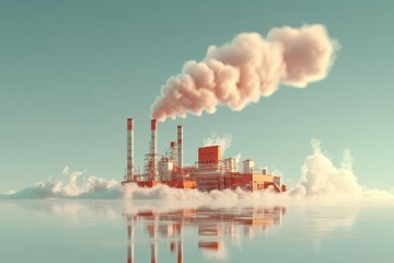 Industrial Power Plant Emitting Smoke Against Clear Sky and Water Reflection at Sunrise