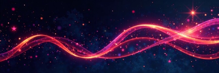 Obraz premium Swirl ribbons and stars on black background, festive atmosphere, Christmas tree ornament