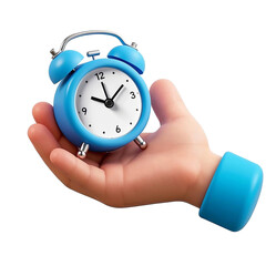 Hand support alarm clock isolated on transparent background, 3d cartoon style illustration, 300dpi