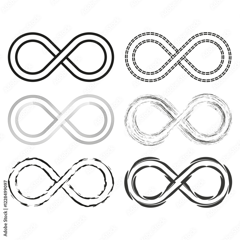 Poster infinity symbol variations. loop shapes design. distressed and clean lines. black and white style.