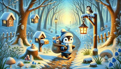 Obraz premium A whimsical scene of a snow-melting forest with a cute penguin mail carrier delivering glowing letters, surrounded by cozy animal homes and springtime charm