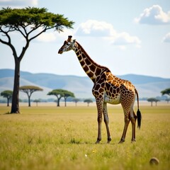 Towering giraffe standing tall in a savannah grassland with acacia trees , safari, nature