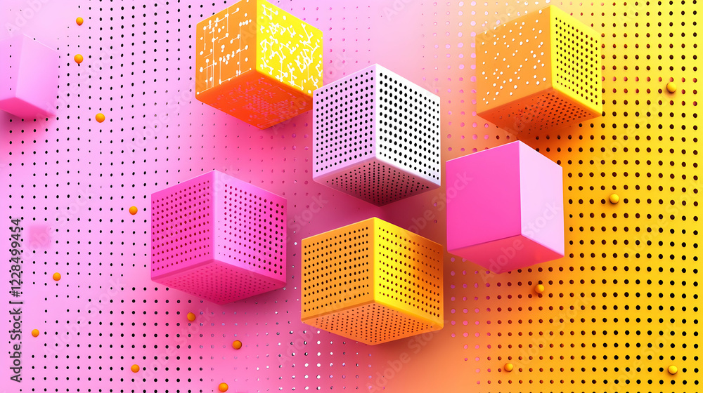 Poster colorful cubes float on dotted background. abstract design for tech