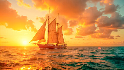 Beautiful old sailboat in sunset rays on the sea, old sailing brigantine