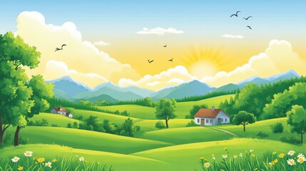 Serene countryside landscape at sunrise with rolling hills, houses, and birds in the sky